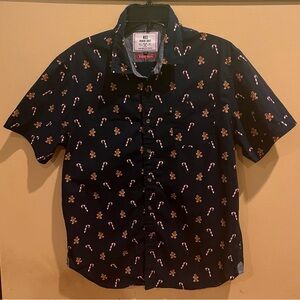 Men’s MBX Blue Navy Gingerbread and Candy Cane Print Holliday shirt, size L